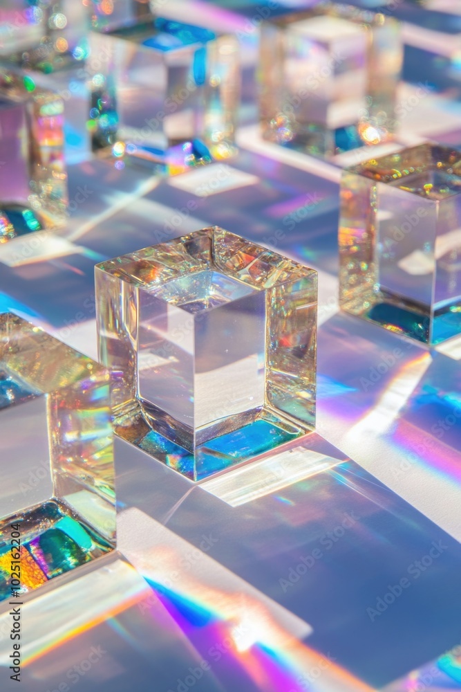 Poster A collection of transparent glass cubes arranged on a surface, perfect for use as decorative elements or in product photography