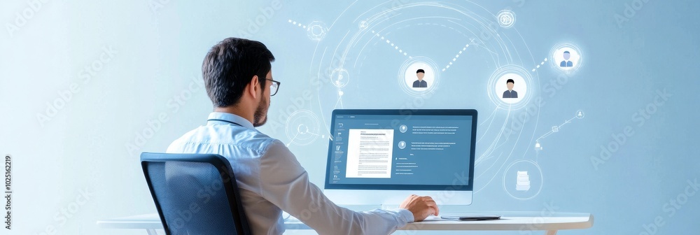 Poster a professional man sits at his desk, using a computer to screen resumes and connect with potential c