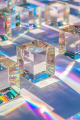 A collection of transparent glass cubes arranged on a surface, perfect for use as decorative elements or in product photography