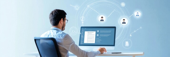 A professional man sits at his desk, using a computer to screen resumes and connect with potential candidates for his company. The image symbolizes online recruitment, talent acquisition, job search, 