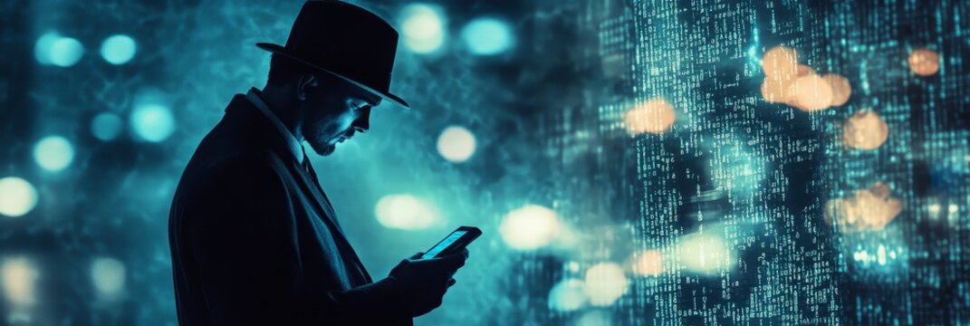 A shadowy figure in a fedora examines a coded message, illuminated by the glow of a digital matrix. This image represents mystery, technology, investigation, secrets, and digital forensics.
