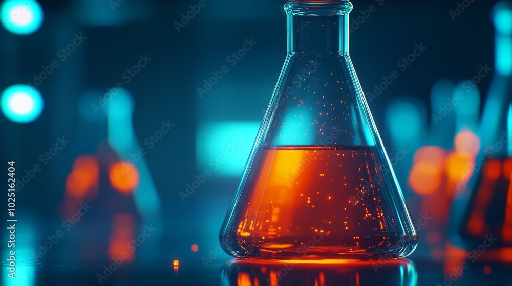 Poster a single erlenmeyer flask filled with a glowing orange liquid stands out against a backdrop of blurr