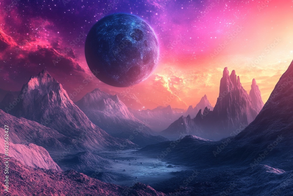 Poster a breathtaking view of a mountain range with a distant planet, perfect for astronomy or sci-fi theme
