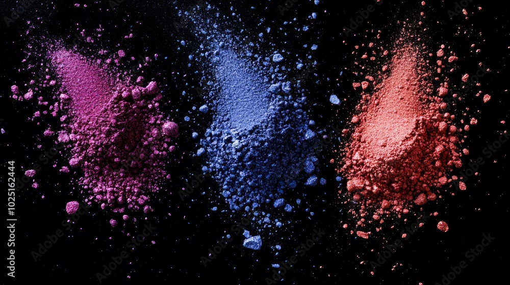 Poster a close-up shot of three different colored powders on a white background