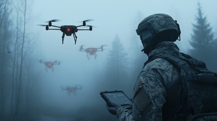 A soldier in camouflage gear monitors a drone swarm flying through a foggy forest, highlighting the use of advanced technology in modern warfare.