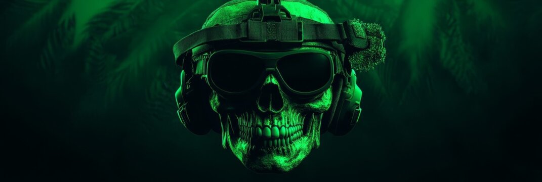 A skull wearing night vision goggles and a military helmet, representing danger, power, and secrecy. This logo design is perfect for a military unit, security company, or a brand associated with comba