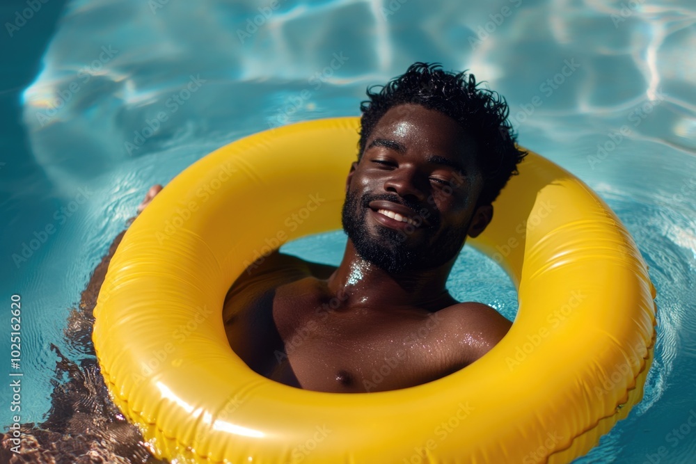 Poster A person relaxing in a swimming pool using an inflatable ring for support