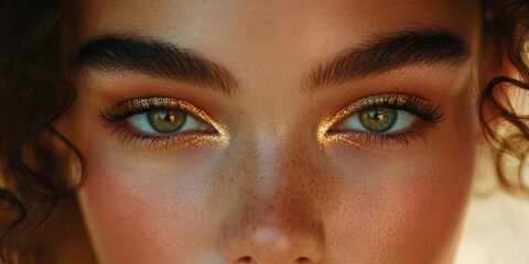 A close-up shot of a woman's face with golden irises