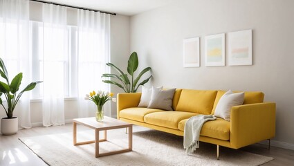 Minimalist Spring Living Room with Vibrant Yellow Sofa and Natural Accents