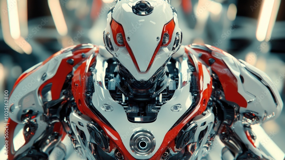 Poster A close up view of a robot's head and body, ideal for tech-related or futuristic concepts