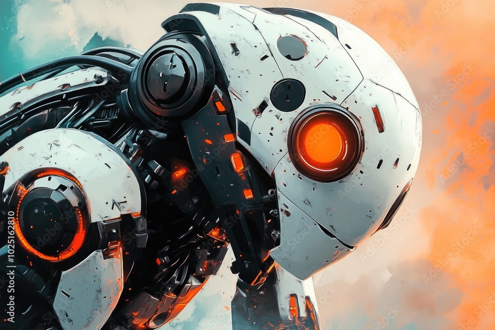 Poster a close-up view of a robot with bright orange eyes