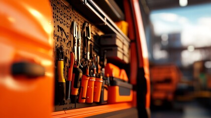A well-organized work van interior, showcasing a variety of tools and equipment, ready for any job.  This professional setup demonstrates efficiency and preparedness.