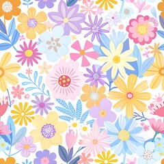 Playful floral pattern with vibrant colors for spring and summer textile designs

