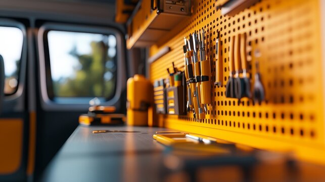 A well-organized work van interior with a pegboard wall displaying a variety of tools and equipment. The van is ready for any job, showcasing practicality and efficiency.