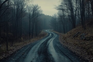 A winding dirt road in the midst of a dense forest, with lush greenery and towering trees