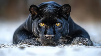 Selbstklebende Fototapeten A black panther crouching low with intense eyes, ready to pounce, isolated on white background  © Teerasak