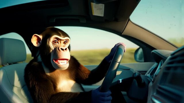 A chimpanzee driving a car in a comedic setting, embodying both human-like behavior and humor. The quirky and funny scene highlights the absurdity of animals mimicking human actions.