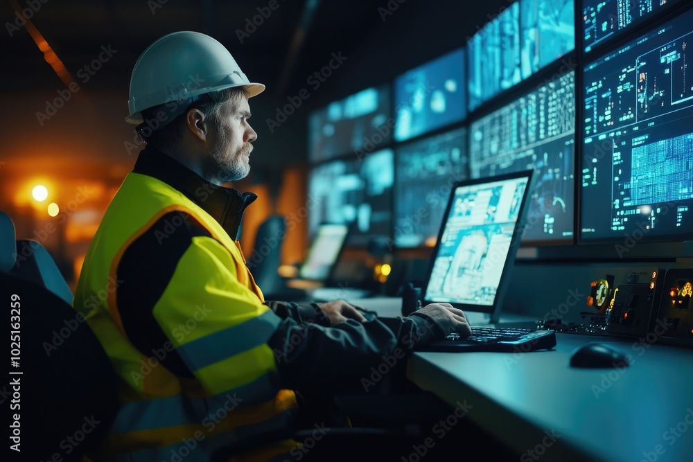 Poster a person wearing a hard hat sits in front of a computer, working or concentrating