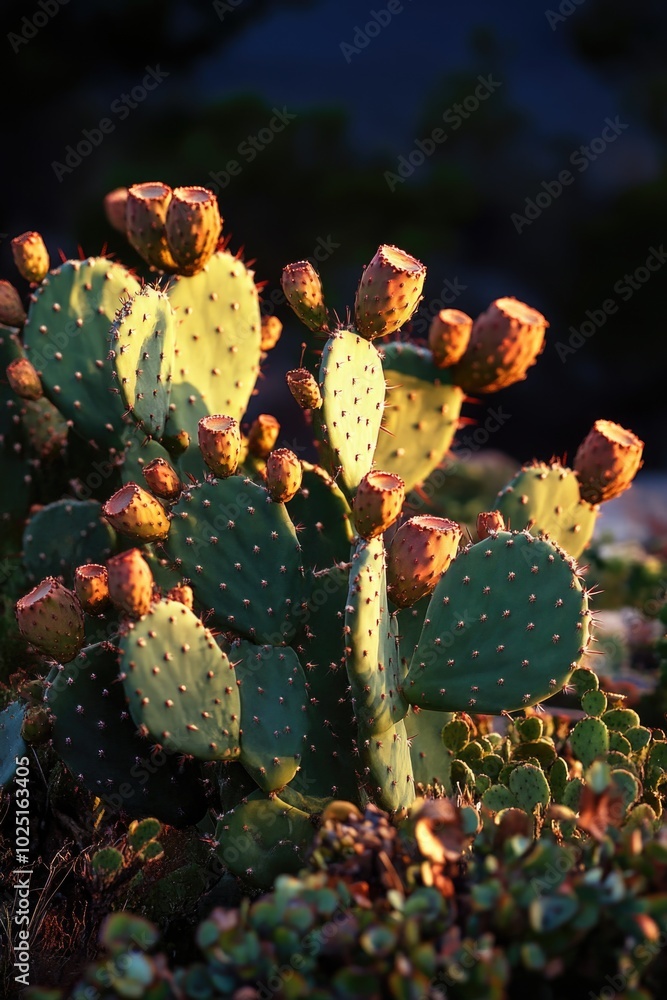 Poster a close-up view of a cactus plant growing in a natural field setting