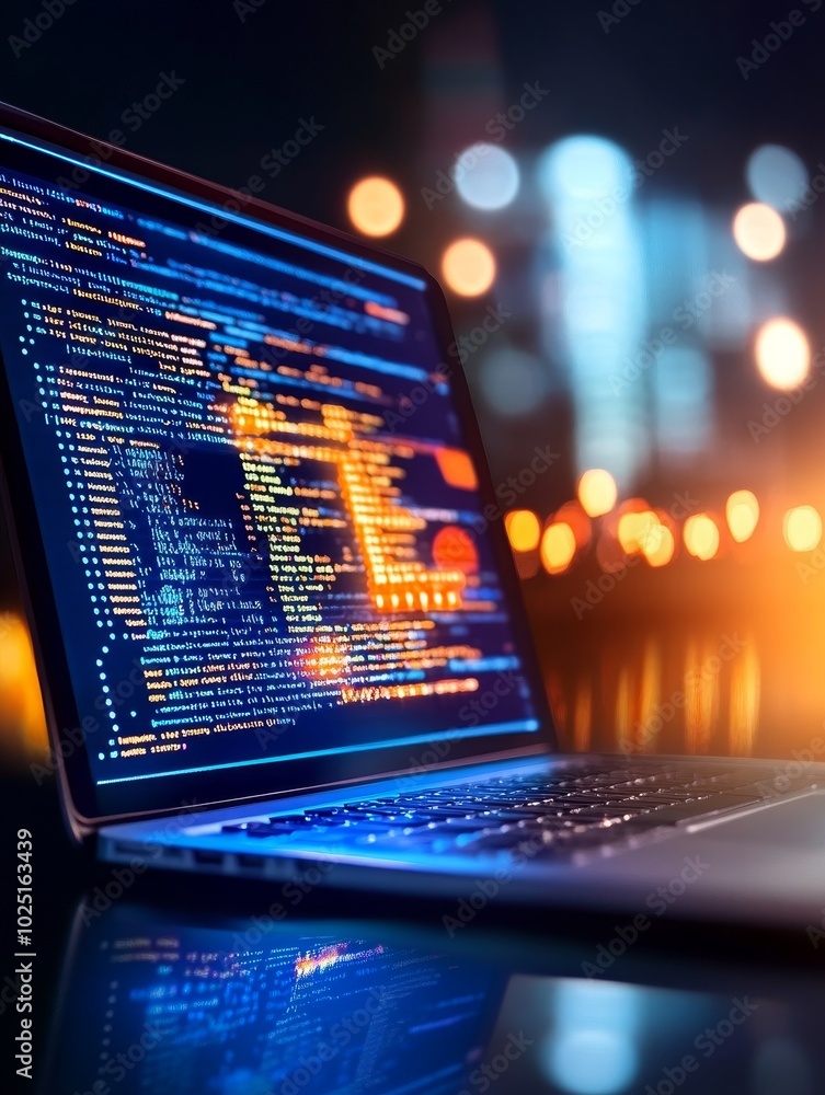 Aufkleber close-up of a laptop screen displaying code with city lights in the background. the image symbolizes