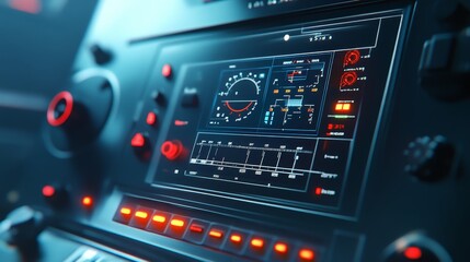 Obraz premium Close-up view of a modern CNC machine control panel with a digital display showing various parameters, gauges, and indicators, highlighting advanced automation and precision engineering.