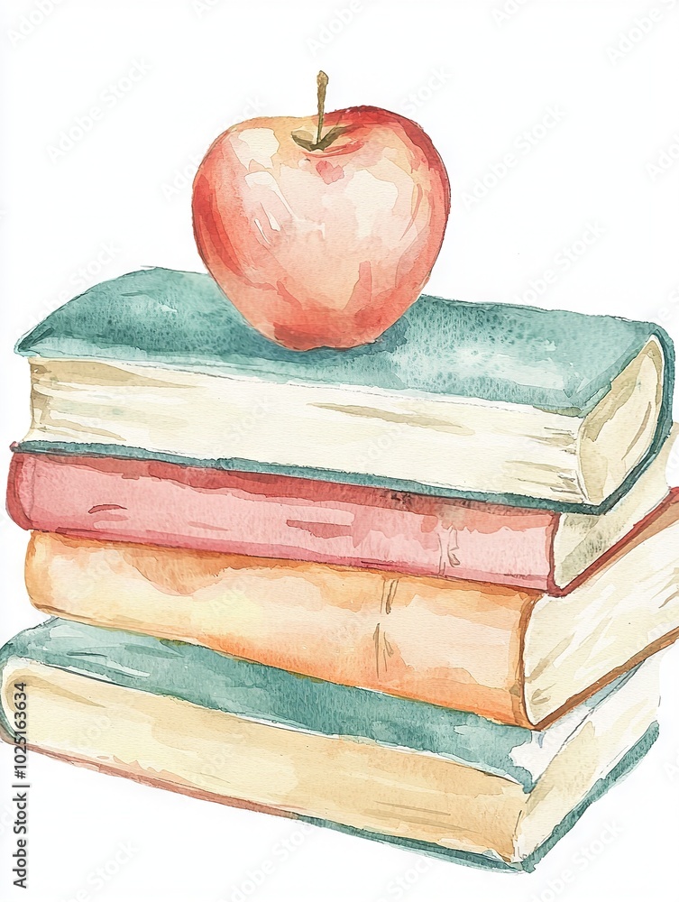 Poster a drawing of a stack of books with an apple on top of one is placed above the other