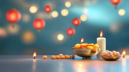 Diwali Festive Decor with Sweets and Lanterns, symbolizing light, prosperity, joy, celebration, and tradition.