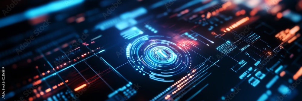 Aufkleber futuristic computer interface with a glowing blue circle at the center, showcasing advanced technolo