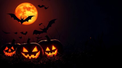 Glowing Jack-o'-Lanterns with scary faces illuminate the dark landscape under a full moon, creating a spooky and festive Halloween atmosphere. Bats fly in the night sky, symbolizing Halloween, darknes