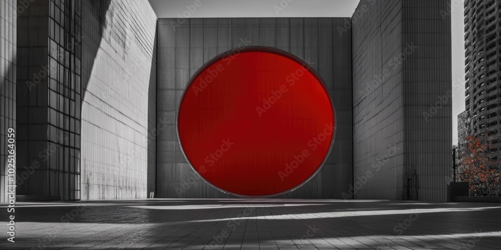 Poster a large red circle on a building facade, surrounded by tall skyscrapers