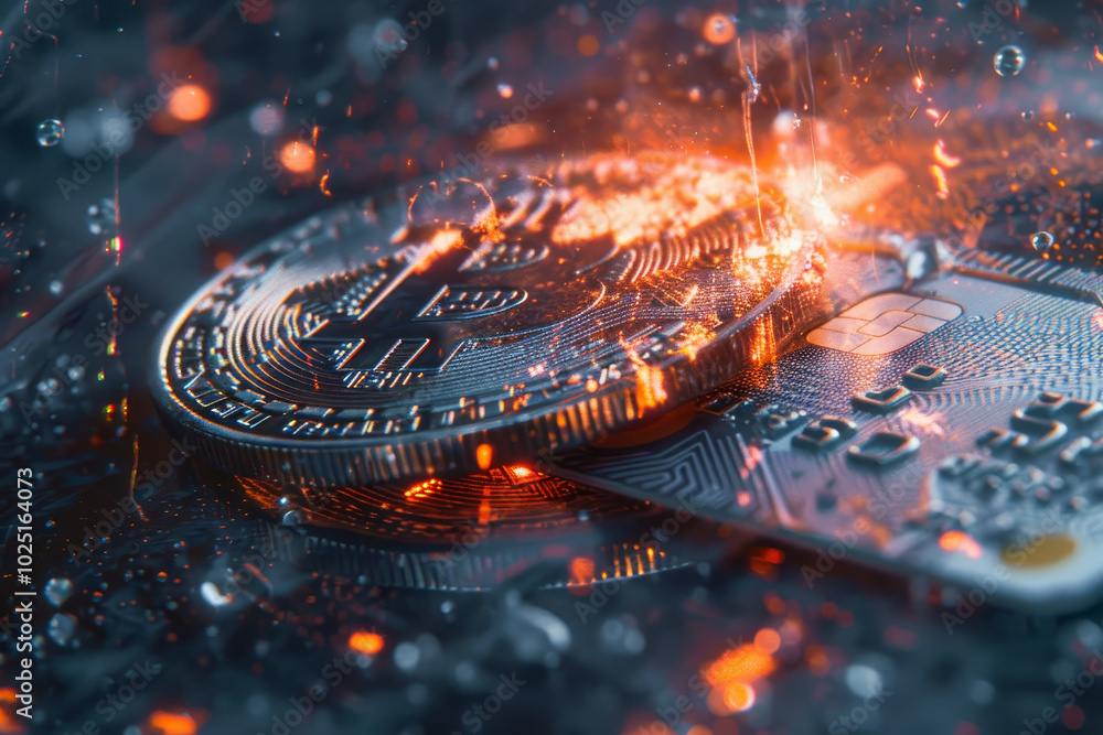 Poster a coin and a credit card are on a table with a fire in the background