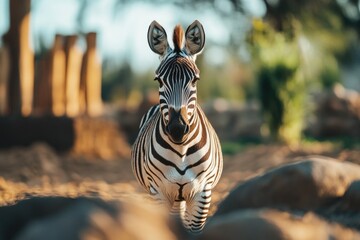 A zebra runs through the dirt trail