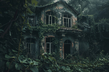 A creepy old house with vines growing on it