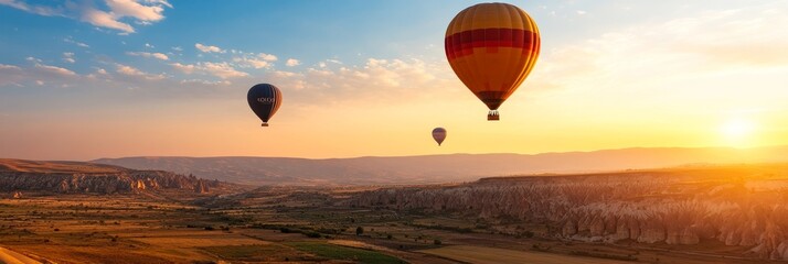Hot Air Balloons Soaring Over Cappadocia at Sunrise, a breathtaking view of colorful balloons floating over the unique rock formations of Cappadocia, Turkey.