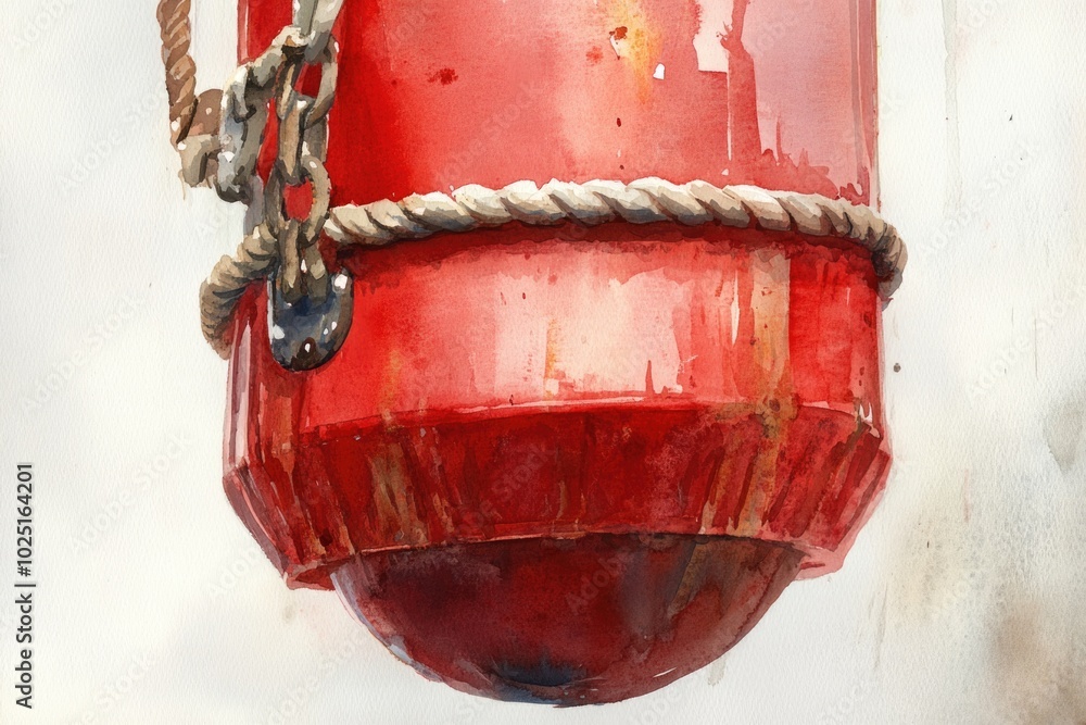 Poster a close-up shot of a red buoy with a rope attached, suitable for use in water-themed illustrations o