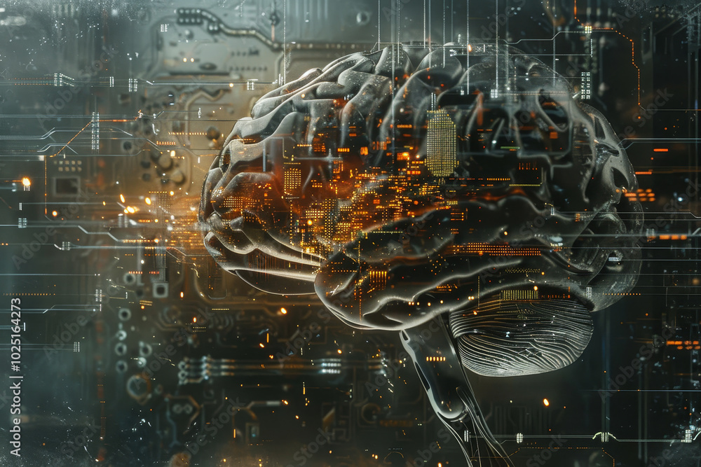 Poster a brain is shown in a computer generated image with a city in the background