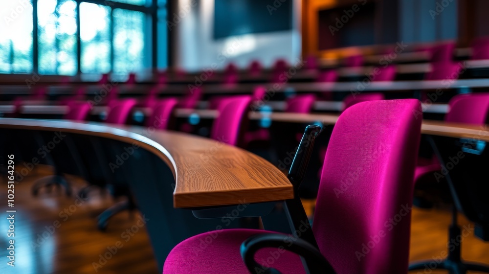 Poster modern university lecture hall with curved desks, showcasing innovative learning spaces, comfortable