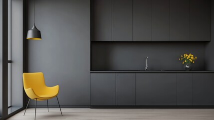 Modern kitchen and living room interior design featuring a sleek black kitchen with a yellow accent chair, a modern pendant light, and a minimalist aesthetic.