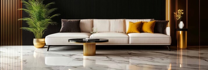 Modern living room interior design featuring a white sectional sofa, gold accents, and a marble floor, creating a luxurious and stylish space.
