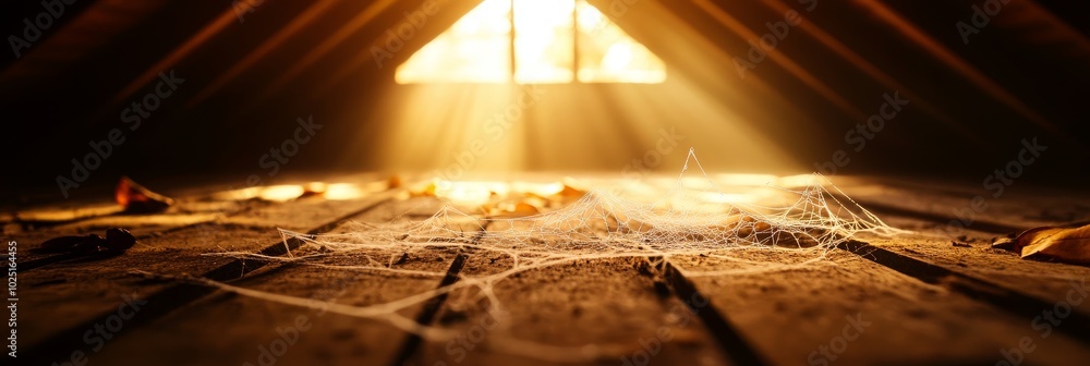 Poster Sunbeams illuminate a dusty attic floor covered in cobwebs, creating a sense of forgotten time, forgotten spaces, and the passage of time.