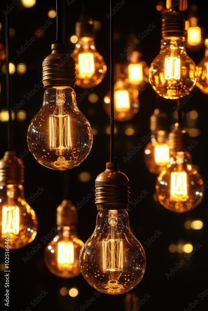Poster hanging light bulbs on a ceiling installation with various shapes and sizes