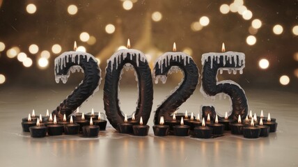Stunning 3D numbers "2025", made in the form of burning black candles with a texture resembling ice. The candles are arranged in such a way that they create an eerie and mesmerizing effect.