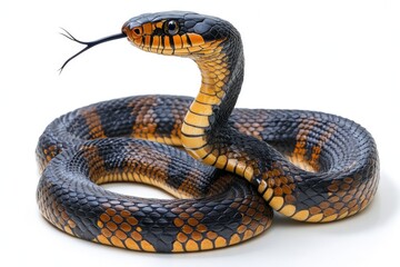 Fototapeta premium A cobra with its hood flared, standing in a defensive posture, isolated on white background 