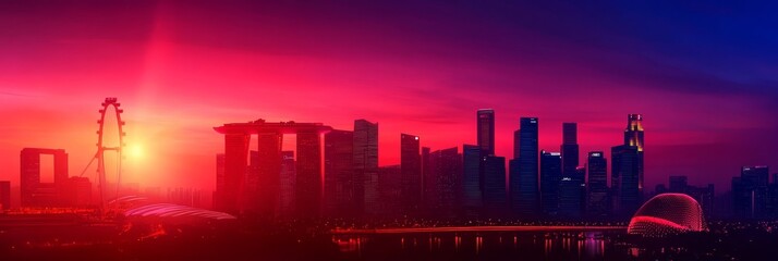 Fototapeta premium Singapore Skyline at Sunset, capturing the city's iconic skyline bathed in the warm glow of a setting sun, featuring the Singapore Flyer, Marina Bay Sands, and other skyscrapers.