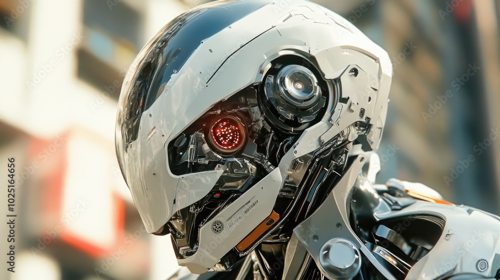 Poster Close-up of a robot's face with a cityscape building in the background