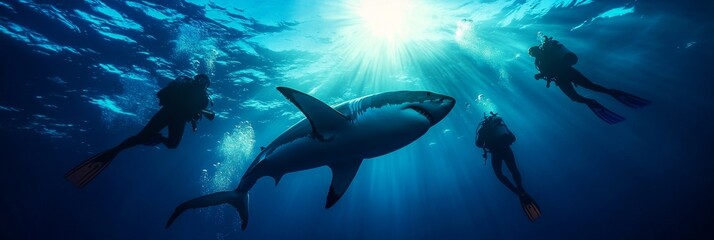 Three scuba divers encounter a great white shark in the ocean, showcasing the thrilling and awe-inspiring nature of underwater exploration. The divers remain calm, capturing the moment with their came