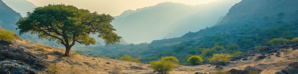 Obraz premium A tree is in the foreground of a mountain range. The sky is blue and the sun is shining. The scene is peaceful and serene