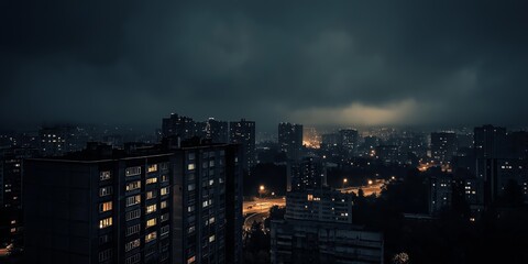 Fototapeta premium A city skyline at night with a cloudy sky. The city is lit up with lights from the buildings and streetlights. Scene is calm and peaceful, with the city lights creating a warm and inviting atmosphere