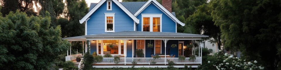 A blue house with a porch and a white railing. The house is surrounded by trees and has a lot of windows