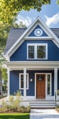 A blue house with a white trim and a brown door. The house has a porch and a walkway leading up to the front door